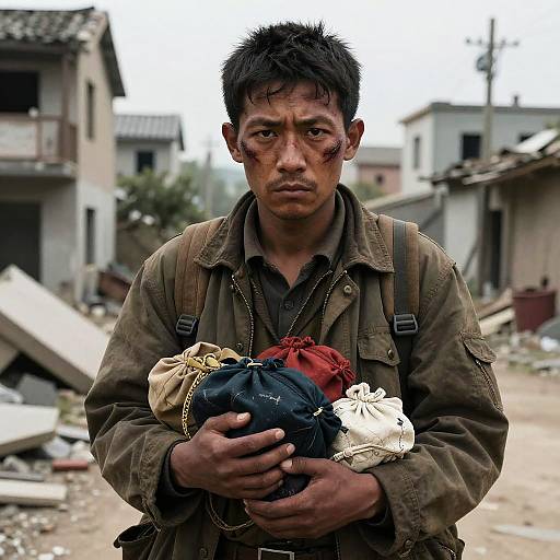 Photograph of a weary, dirty Asian man with black hair, bruised face, wearing a worn brown jacket, holding a bundle of clothes in a