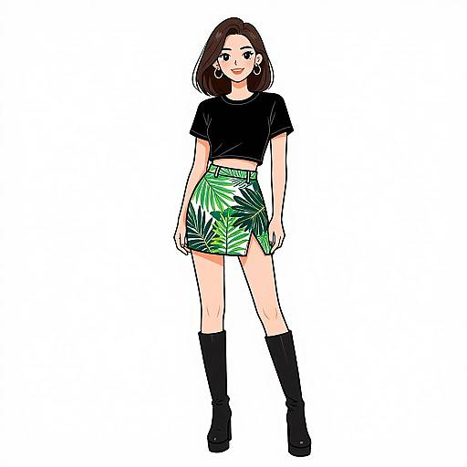 Smiling Woman in Tropical Skater Skirt