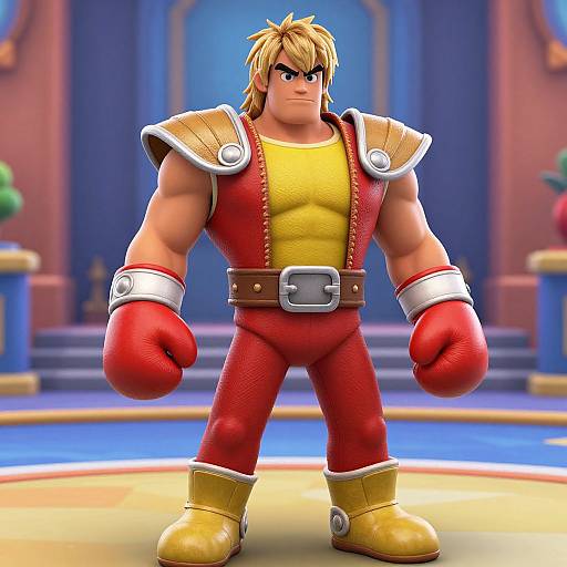 CGI image of muscular, blonde-haired man in red boxing outfit with yellow shirt, white shoulder armor, red gloves, yellow boots, standing confidently in