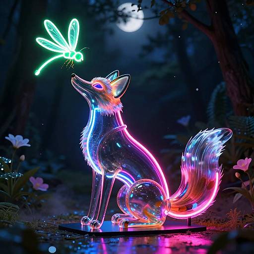Neon-lit, glowing fox statue with vibrant blue, pink, and purple lights, sitting on a reflective surface, looking up at a green,