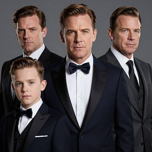 Photograph of five white men in formal black tuxedos with white shirts and black bow ties, arranged in a row against a gray background,