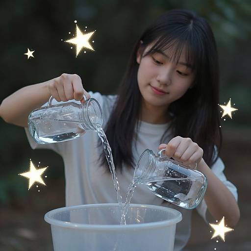 Young Asian girl with long black hair pours water from two clear glass jars into a white plastic bucket, surrounded by glowing stars. Photographic image.