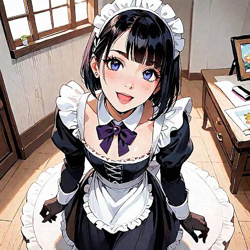 Anime-style drawing of a smiling black-haired maid with blue eyes, wearing a traditional black and white maid outfit, standing in a sunlit room with wooden