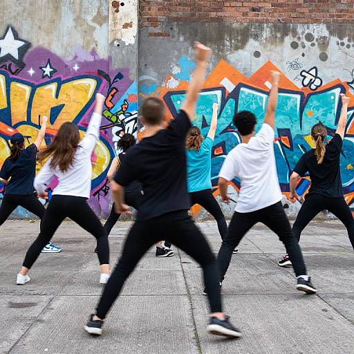 Photograph of five people in black and white outfits performing a dynamic dance move in front of vibrant graffiti on a brick wall.
