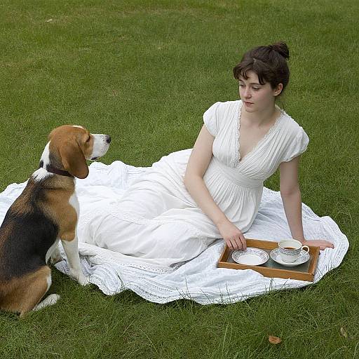 Photograph of a fair-skinned woman in a white dress sitting on grass, holding a tray with teacups, beside a Beagle dog.