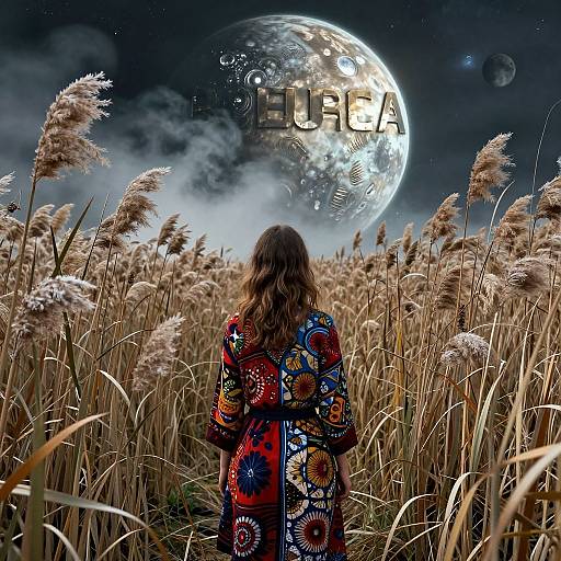 Photograph of a woman in a colorful, patterned kimono, standing in a tall grass field, facing a glowing, text-covered moon in a