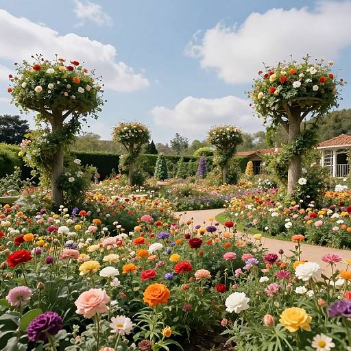 Vibrant photograph of a lush garden with colorful flowers, including red, yellow, pink, and white blooms, under clear blue sky. Two tall