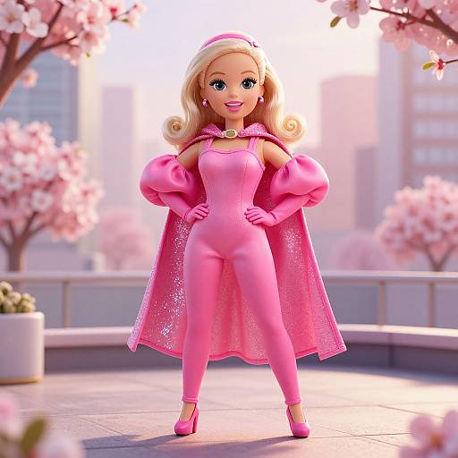 Digital art of a blonde, blue-eyed, smiling doll in a pink outfit and cape, standing confidently on a sunny balcony with blooming cherry blossoms