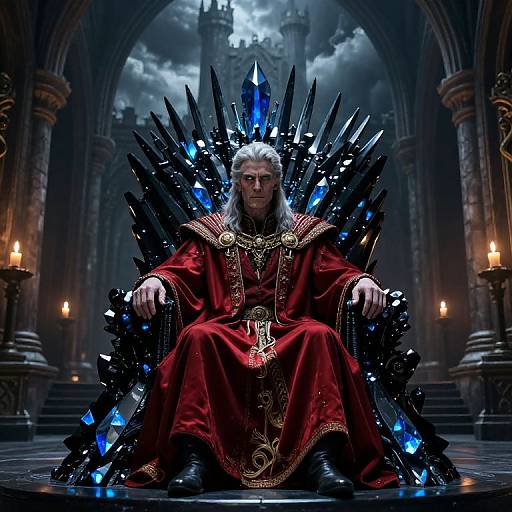 Digital art of an elderly white man with long gray hair, wearing a red robe with gold trim, seated on a black throne with blue crystal spikes,