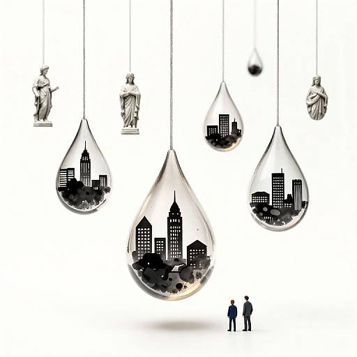 Photograph-style digital artwork: Clear teardrop-shaped pendant lights featuring black cityscape silhouettes, with two small black human figures standing below,