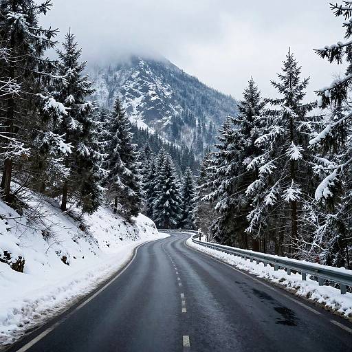 Snowy Mountain Road Through Pine Forest