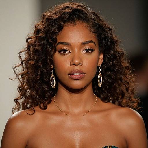 Photograph of a beautiful, dark-skinned woman with curly hair, wearing gold hoop earrings and a gold necklace, topless, with a confident expression
