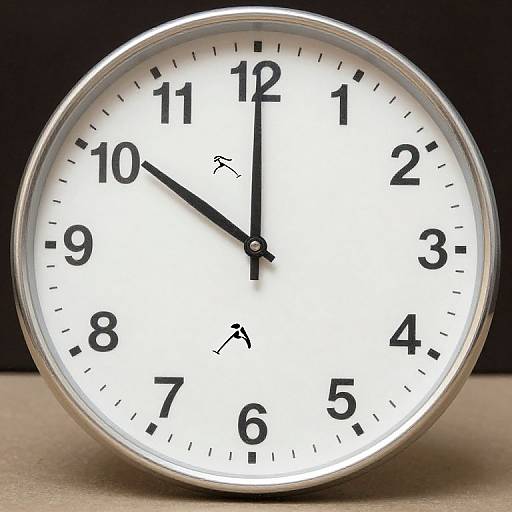 Photograph of a round, white analog clock with black numerals and hands, showing 12:08, against a dark background.