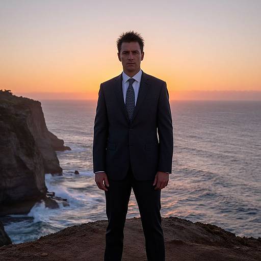 Serious Man on Cliff at Sunset