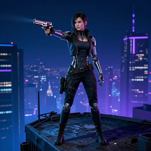 Cybernetic woman in black tactical suit, holding gun, standing on rooftop at night, neon city skyline background, intense pose. Photorealistic