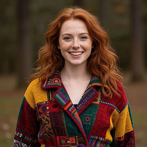 Photograph of a smiling, fair-skinned woman with wavy red hair, wearing a colorful, patchwork knitted coat, standing in a forest