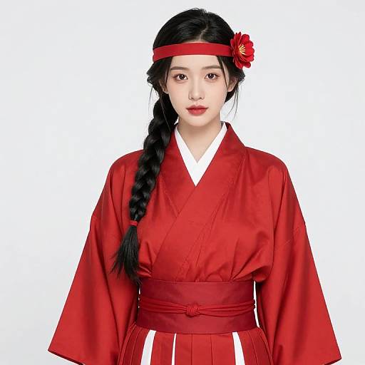 Woman in Red Kimono with Braids