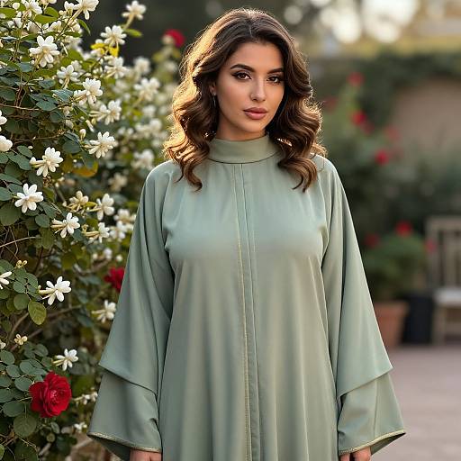 Photograph of a beautiful woman with wavy brown hair, wearing a light green, long-sleeved, high-neck dress, standing in a garden