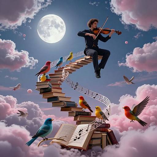 Dreamlike illustration of a musician playing violin on floating book stairs, surrounded by colorful birds, clouds, and a full moon.