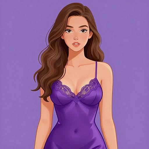 Digital illustration of a beautiful woman with long brown hair, wearing a purple lace-trimmed nightdress, standing against a solid purple background.