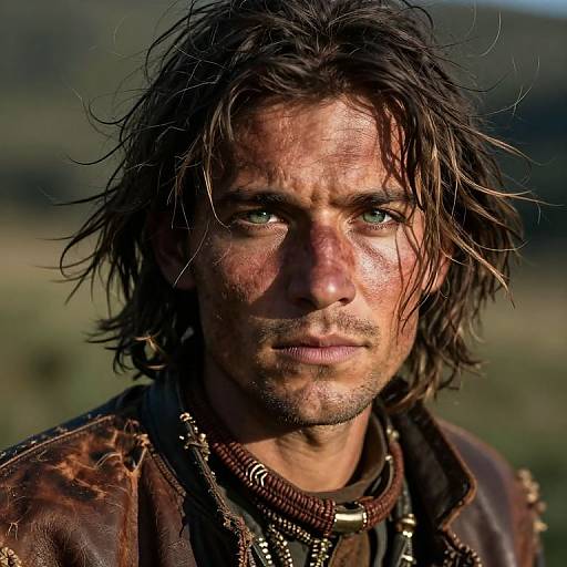 Photograph of a rugged, dirty-faced man with tousled brown hair, green eyes, and worn leather jacket, set against a blurred outdoor background.