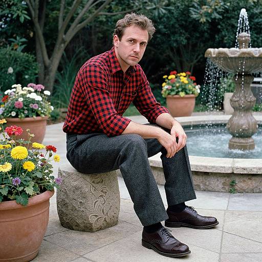 Photograph of a young man with short brown hair, wearing a red plaid shirt and gray pants, sitting on a stone cube by a fountain and