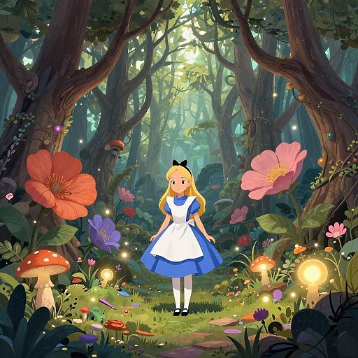 Digital illustration of a blonde girl in a blue and white dress, standing in a magical forest with glowing mushrooms, colorful flowers, and fairy lights.