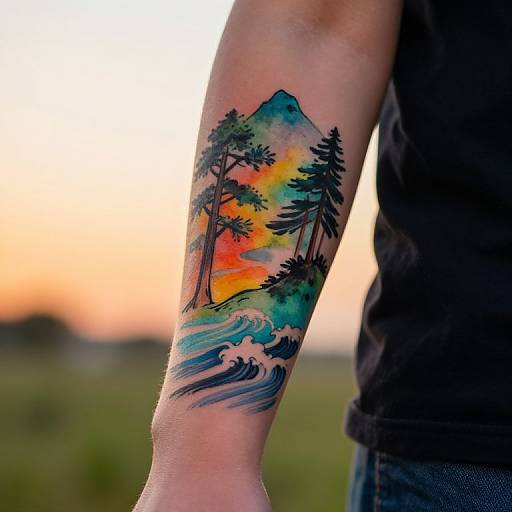 Photograph of a colorful tattoo on a person's forearm featuring silhouetted pine trees, a mountain, and waves against a sunset sky.