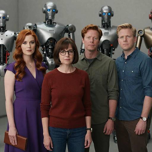 Group of Four People Standing in Front of Robots