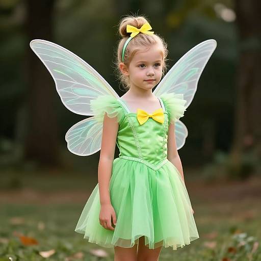 Photograph of a young girl with fair skin, blonde hair in a bun with a yellow bow, wearing a green fairy dress and transparent wings, standing