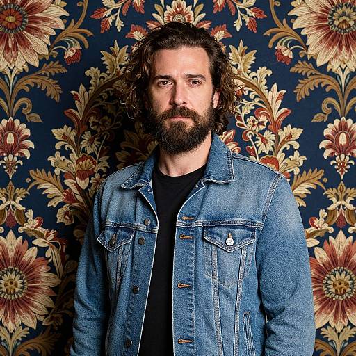 Photograph of a bearded man with wavy brown hair, wearing a blue denim jacket over a black shirt, against a floral-patterned dark blue