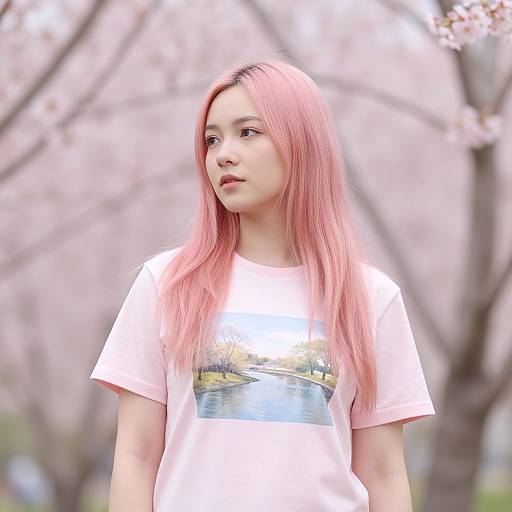 Photograph of an Asian woman with long, straight pink hair, wearing a white t-shirt with a landscape print, standing in a blurred cherry blossom garden