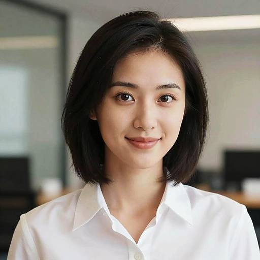 Photograph of an Asian woman with short black hair, light skin, and brown eyes, wearing a white button-up shirt, smiling softly in a modern