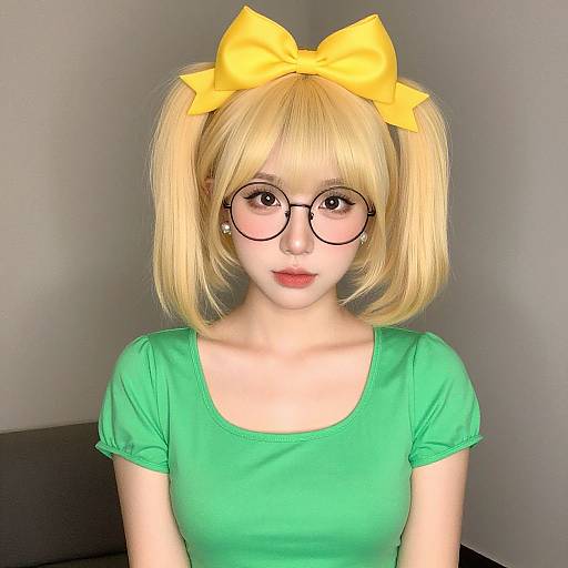Photograph of a young woman with blonde pigtails, large yellow bow, round glasses, green shirt, fair skin, and soft expression.