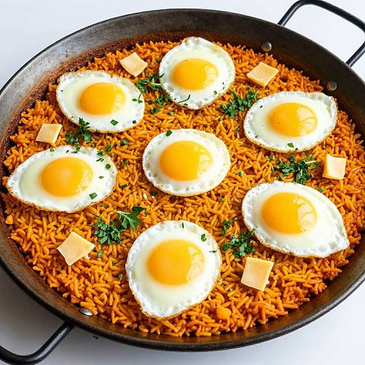 Photograph of a black frying pan filled with vibrant orange rice, six sunny-side-up eggs, small orange cubes, and green herbs.