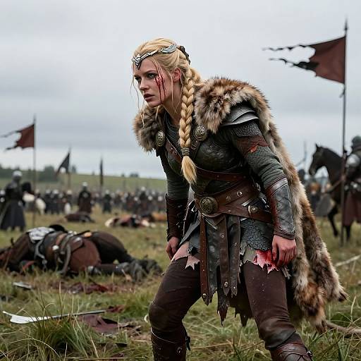 Photograph of a fierce, blood-streaked blonde warrior woman in medieval armor and fur cloak, standing amidst a battlefield with fallen soldiers and flags.