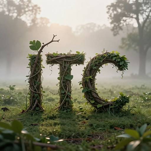 Photograph of an 'M' made from intertwined tree branches and green vines, standing in a misty forest clearing at sunrise.