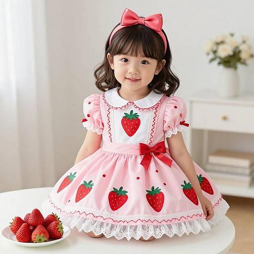 Photograph of an Asian girl with wavy black hair, wearing a pink strawberry-print dress, red bow, and headband, sitting by a white