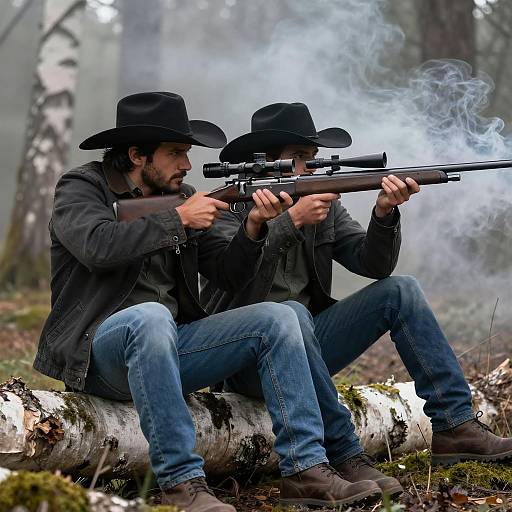 Misty Forest Cowboys on a Birch Tree