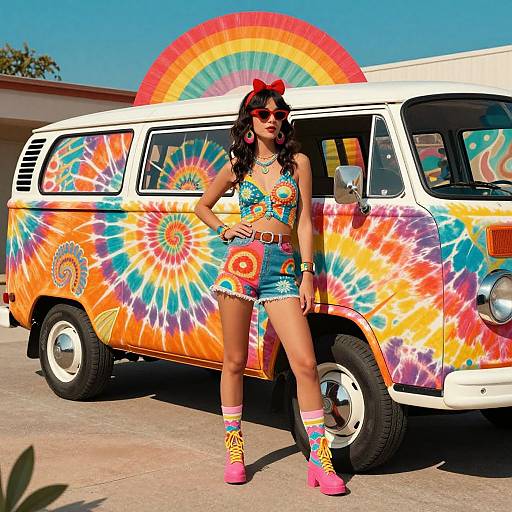 Retro Hippie Woman with Tie-Dye Van