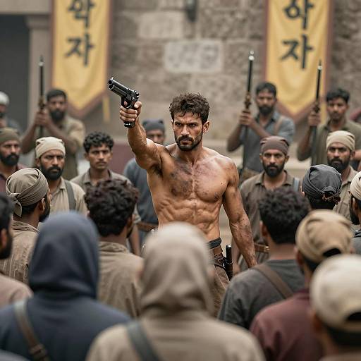 Determined Man Confronts Hooded Crowd