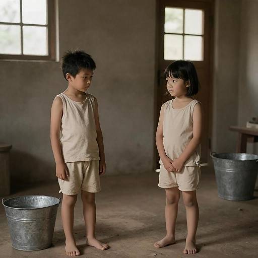 Two Children in Rustic Room