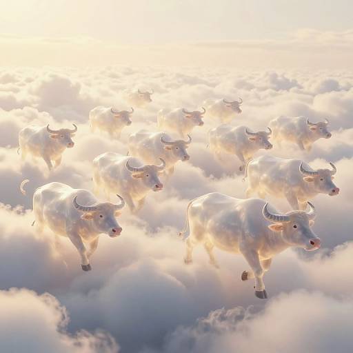 Photograph of nine white bulls with curved horns flying above a sea of glowing, golden clouds, creating a surreal, heavenly scene.
