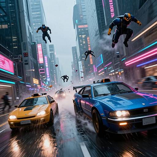Dynamic CGI scene: Neon-lit NYC street, yellow and blue taxis, four flying masked figures, rain, mist, and vibrant, colorful skyscrap