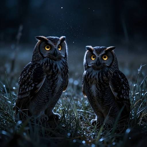 Photograph of two large, alert owls with bright yellow eyes, standing in a dark, grassy field under a moonlit night.
