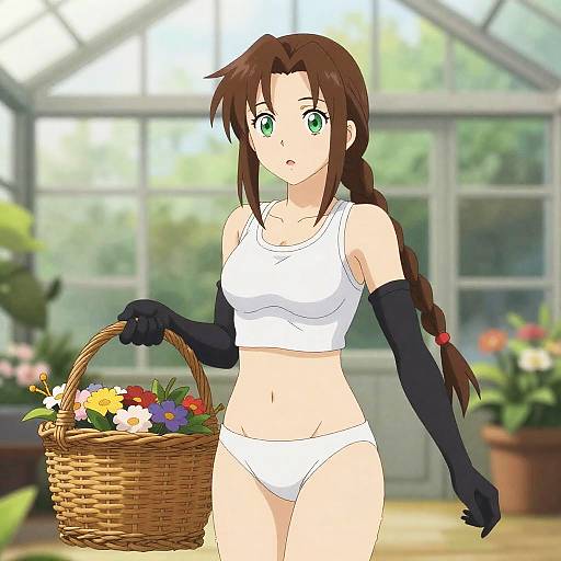 Aerith-Inspired Full-Body Sunlit Greenhouse Portrait