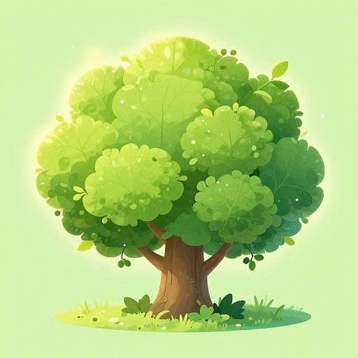 Digital illustration of a lush, green tree with a thick brown trunk, dense foliage, and sunlight filtering through leaves, set against a bright yellow background.