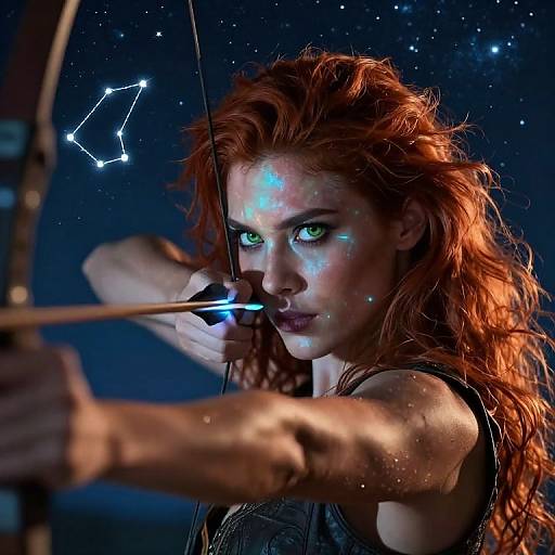 Photograph-style digital art of a fierce, red-haired archer with glowing blue face paint, aiming a bow under a starry night sky with a