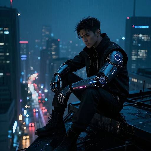 Cyborg man with metallic arm, black raincoat, and wet hair sits on rooftop at night, illuminated cityscape with rain in background. Digital art