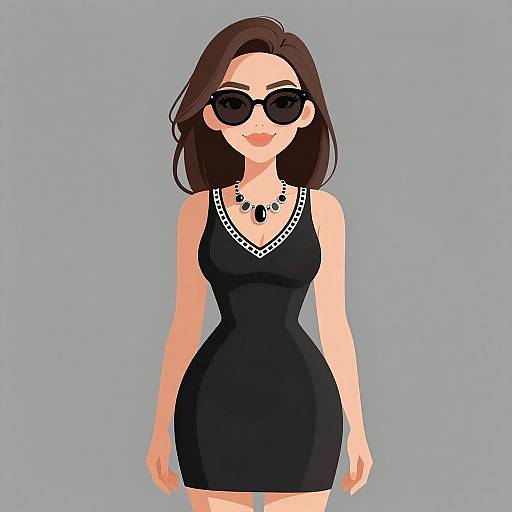 Digital illustration of a stylish woman with brown hair, wearing black sunglasses, a black dress with white trim, and a black necklace, standing against a gray
